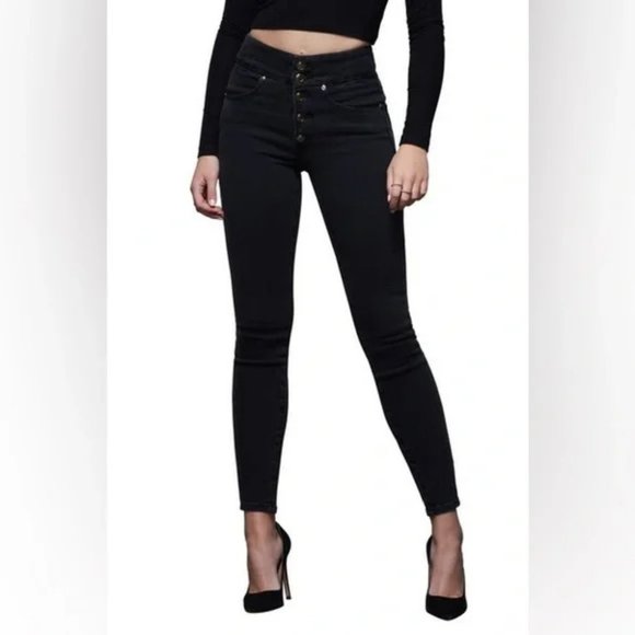 Good American Denim - GOOD AMERICAN Skinny Jeans, Black Cotton High Rise Button Fly Pocket Casual 0/25